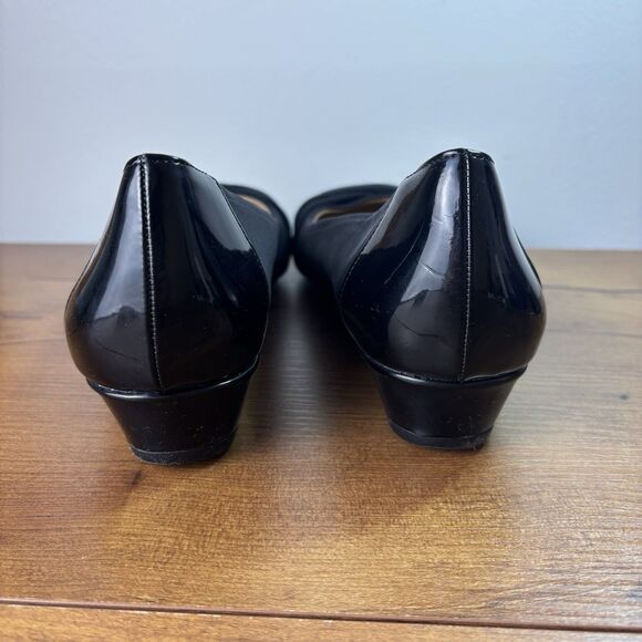 Abella Black Wedge flat Heel 9 Shoes Black Faux Patent Leather Cap Toe Low - Picture 5 of 8